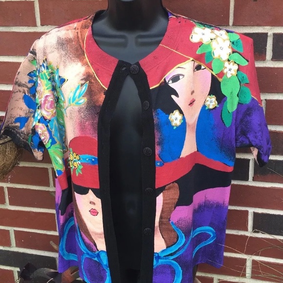 Kolorway Vintage Handpainted Ladies Floral Top Jacket Short Sleeves Red Hat Lady - Picture 3 of 6